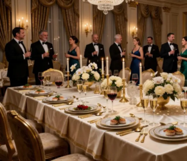 Elegáns gálavacsora kristály csillárokkal és arany díszítésekkel
