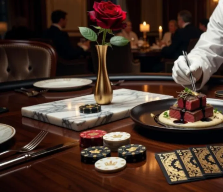 Fine dining fogásokkal terített asztal, mellette szimbolikus poker zsetonokkal