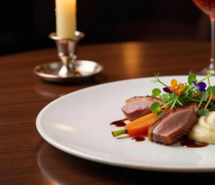 Elegánsan tálalt gourmet fogás modern, fine dining stílusban