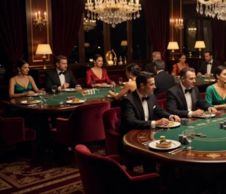 Elegáns, aranyló fényekkel megvilágított budapesti fine dining poker étterem belső térrel, exkluzív vacsoraasztalokkal és szimbolikus pokerasztalokkal