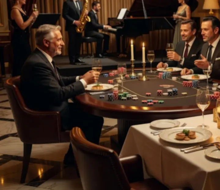 Exkluzív poker vacsoraest elegáns éttermi környezetben szimbolikus zsetonokkal