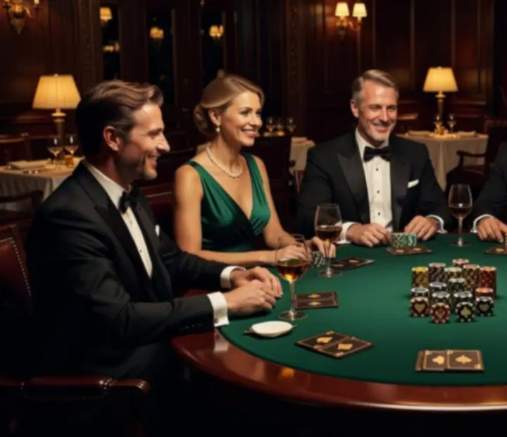 Elegáns pokerasztal szimbolikus zsetonokkal és stílusos vendégekkel egy budapesti fine dining étteremben
