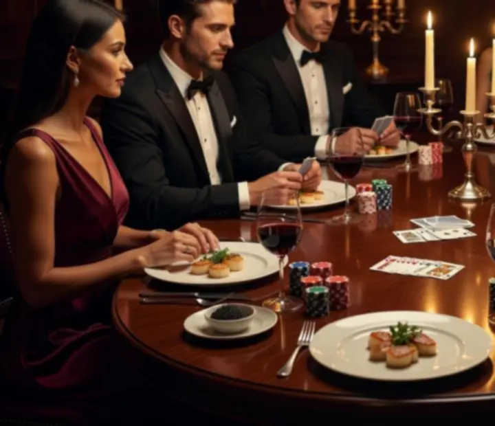 Gourmet fogás és elegáns poker asztal szimbolikus zsetonokkal a Best Program Centerben
