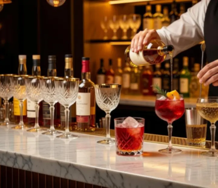 Prémium koktélbár aranyló fényekkel, kristálypoharakkal és elegáns lounge hangulattal