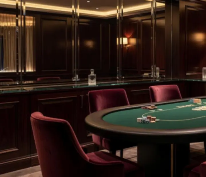 Privát poker lounge bársonyos fotelekkel és szimbolikus zsetonokkal