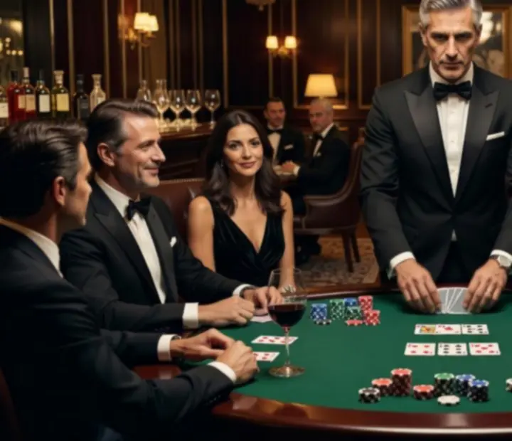 Professzionális poker házigazda szimbolikus zsetonokkal egy elegáns asztalnál