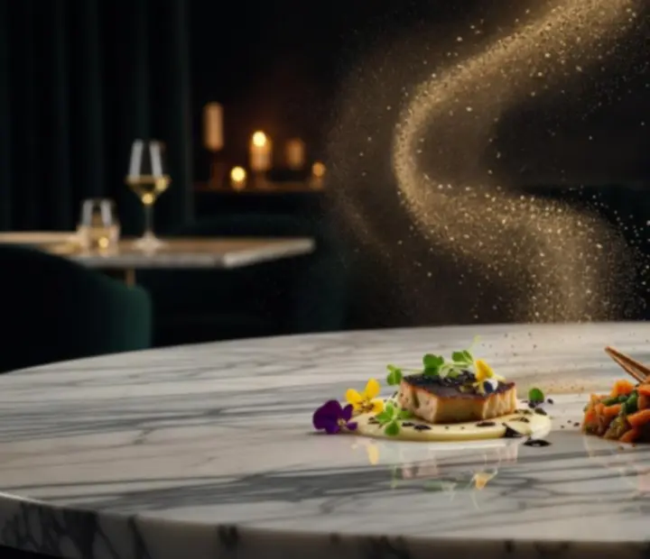 Gourmet étel és pohár bor elegáns tálalással márvány asztalon